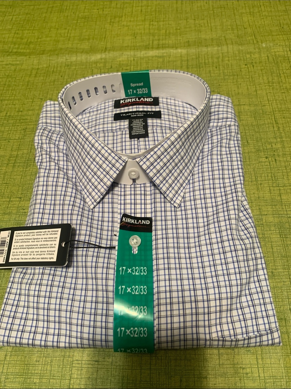 Kirkland Signature White Dress Shirt with Blue Windowpane Plaid